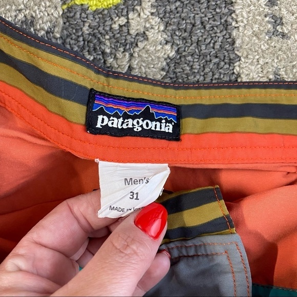 Patagonia Wavefarer Blue Orange Yellow Striped Tie Waist Board Shorts EUC 31 - Picture 4 of 7
